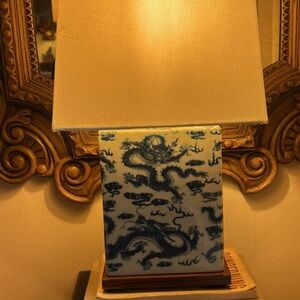 Contemporary Ralph Lauren Blue and White Square Lamp Chinoiserie Dragon Design